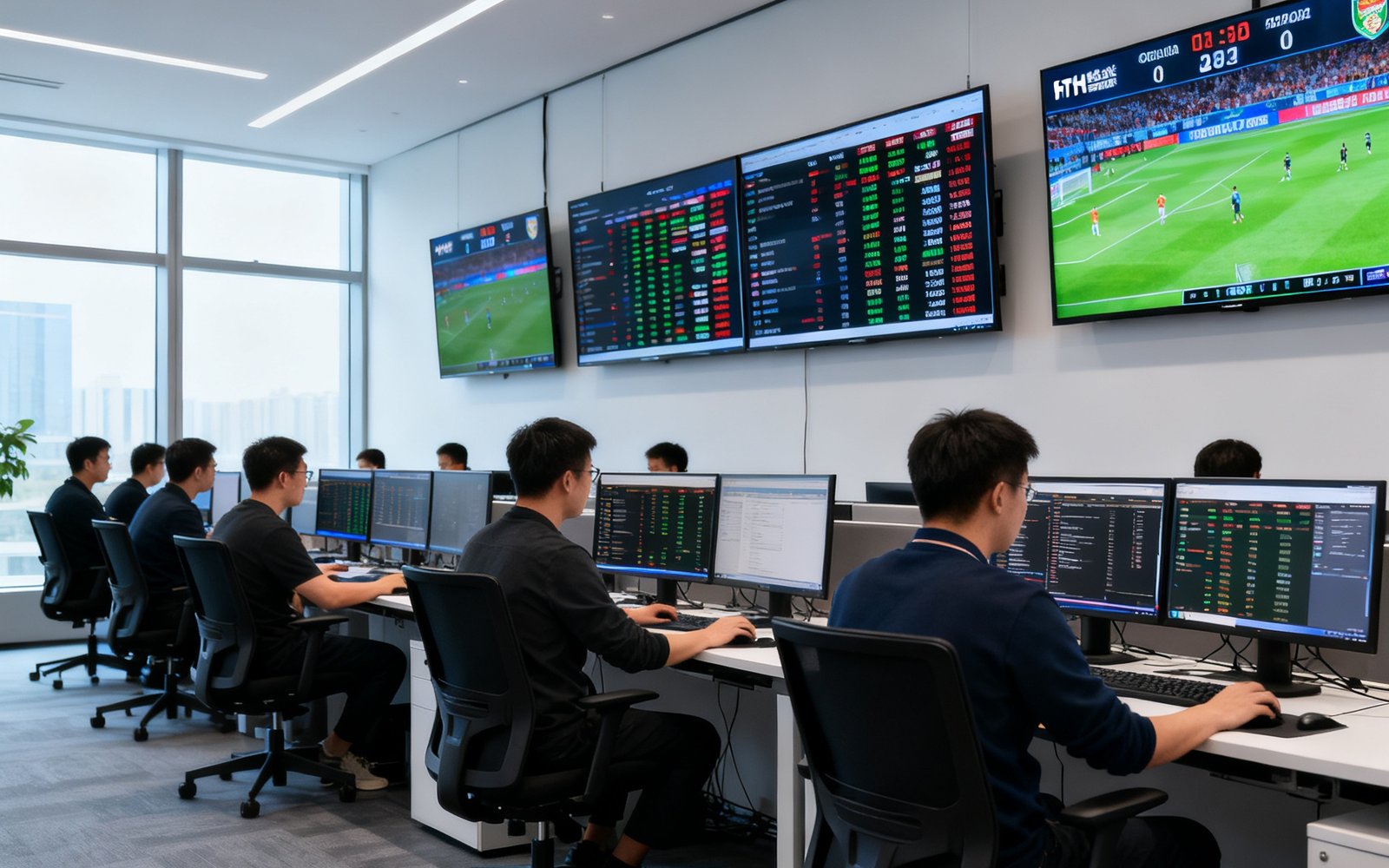 HTH华体会北京总部开放式办公区，数十名编辑和分析师在双屏工作站前专注工作，墙上悬挂着多块实时数据监控大屏，展示全球各大赛事的比分动态