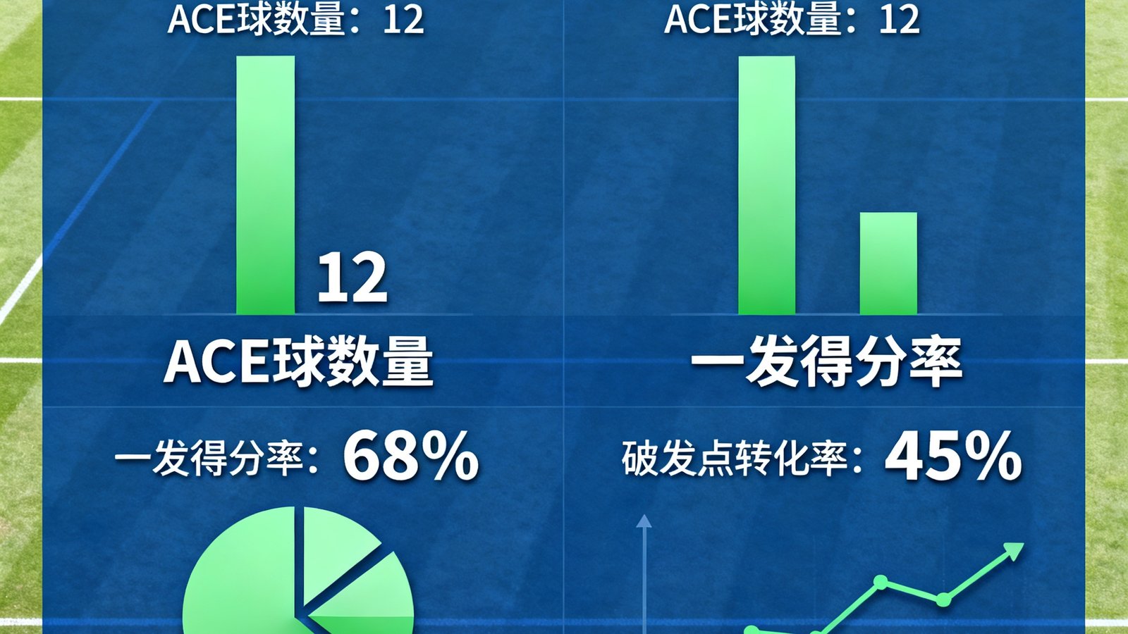 温布尔登网球锦标赛男单决赛的技术统计图表，展示两位选手的ACE球数量、一发得分率、破发点转化率等关键数据对比